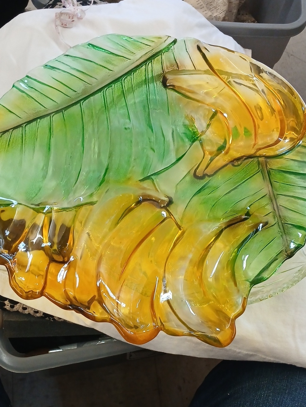 Green and Amber Glass Leaf Decorative Tray - Home Art